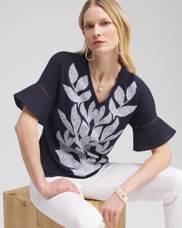 Chicos Leaf Linen Blend Flutter Sleeve Top - Classic Navy Chicos Leaf Linen Blend Flutter Sleeve Top - Classic Navy