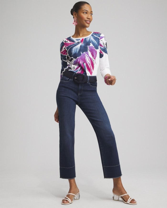 Chicos Floral 3/4 Sleeve Button Tee - Classic Navy Chicos Floral 3/4 Sleeve Button Tee - Classic Navy