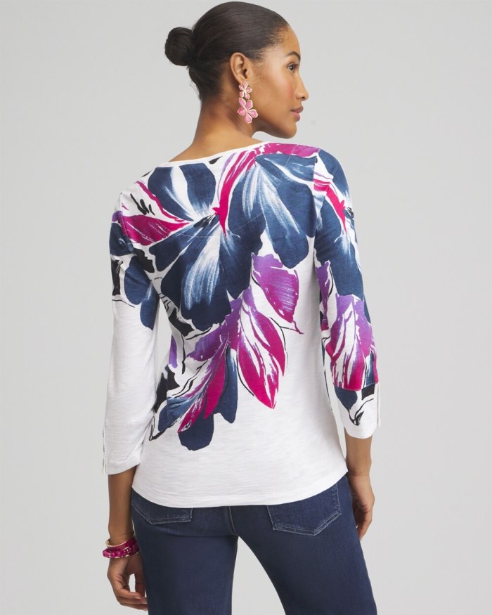 Chicos Floral 3/4 Sleeve Button Tee - Classic Navy Chicos Floral 3/4 Sleeve Button Tee - Classic Navy