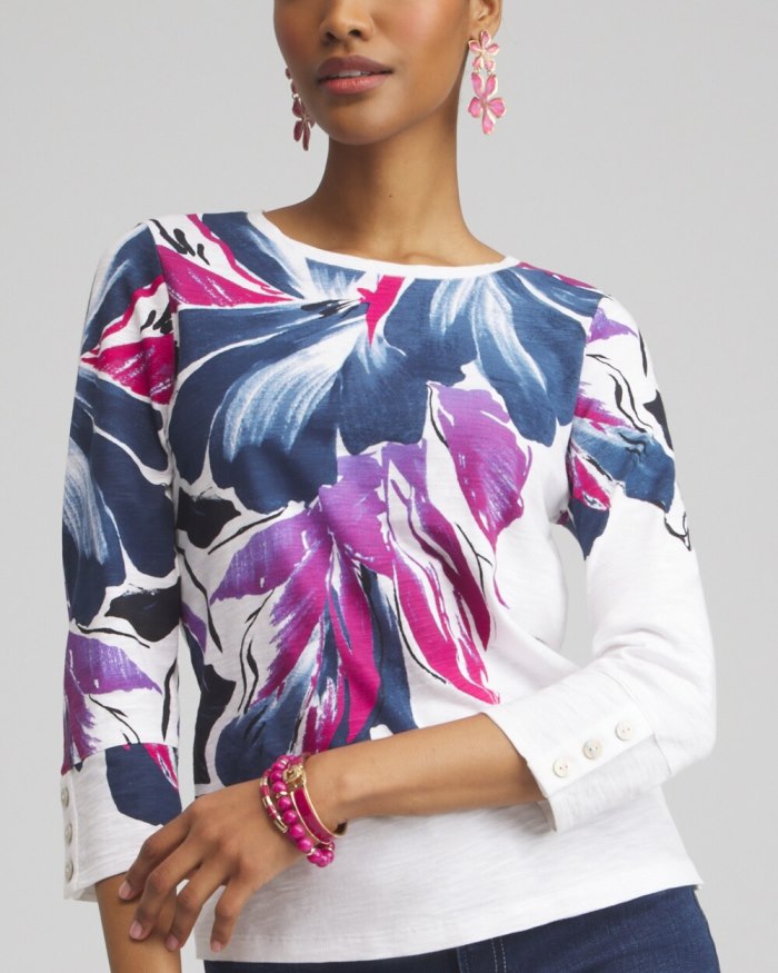 Chicos Floral 3/4 Sleeve Button Tee - Classic Navy Chicos Floral 3/4 Sleeve Button Tee - Classic Navy