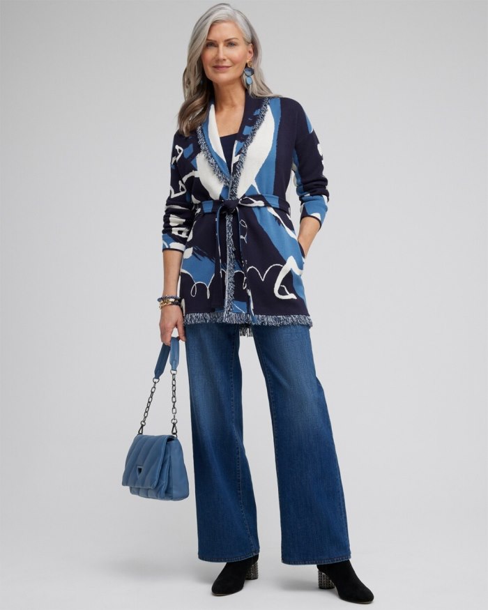 Chicos Fringe Abstract Print Cardigan - Classic Navy Chicos Fringe Abstract Print Cardigan - Classic Navy