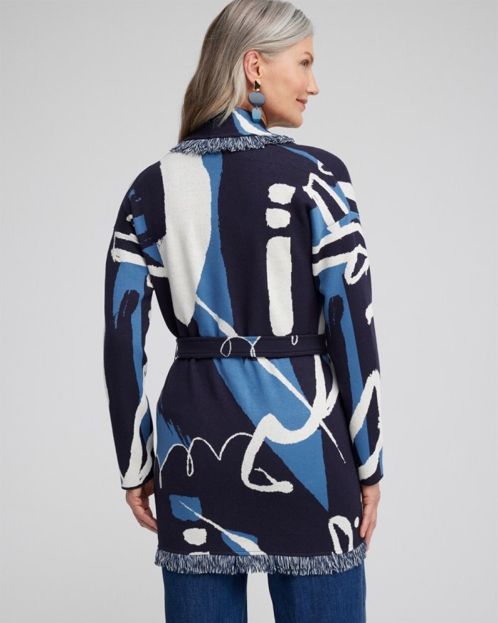 Chicos Fringe Abstract Print Cardigan - Classic Navy Chicos Fringe Abstract Print Cardigan - Classic Navy