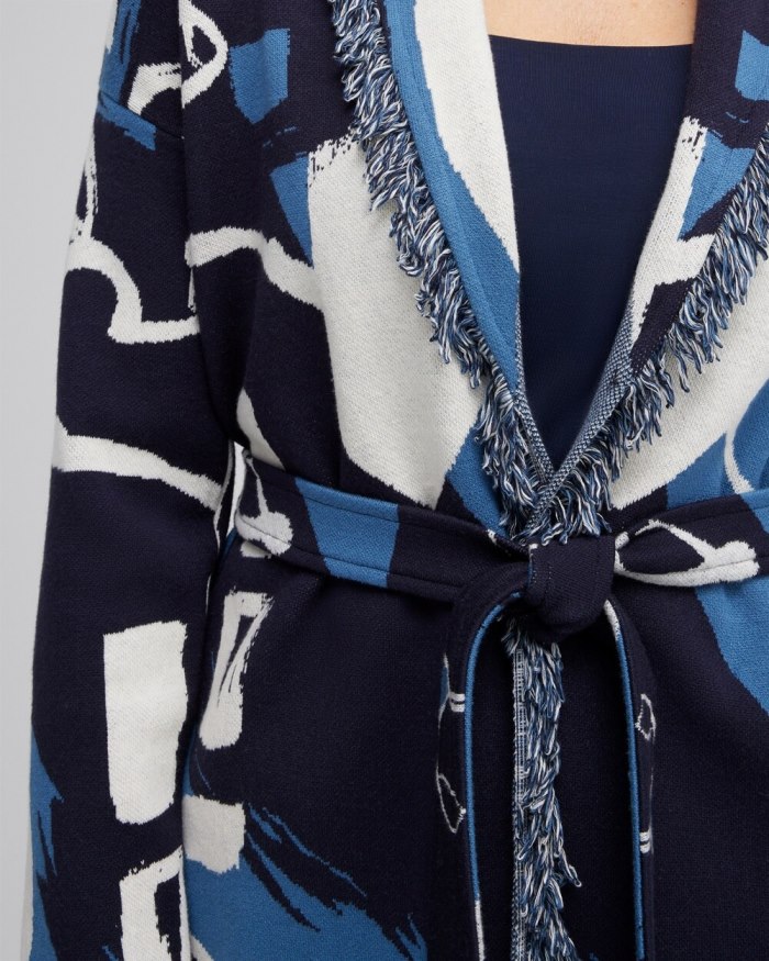 Chicos Fringe Abstract Print Cardigan - Classic Navy Chicos Fringe Abstract Print Cardigan - Classic Navy