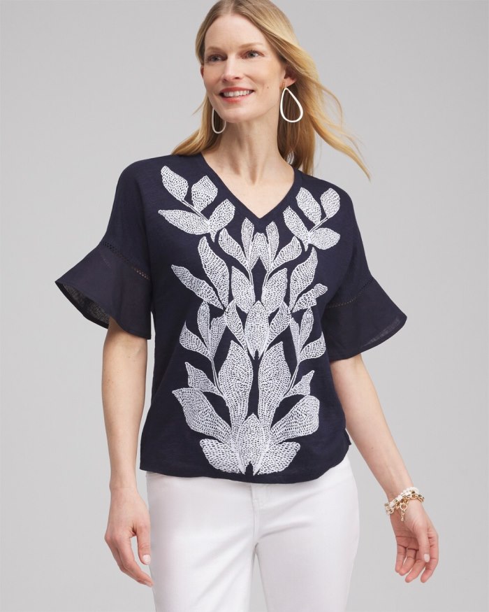 Chicos Leaf Linen Blend Flutter Sleeve Top - Classic Navy Chicos Leaf Linen Blend Flutter Sleeve Top - Classic Navy
