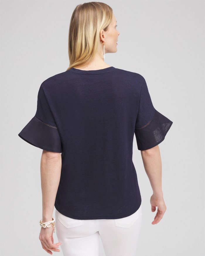 Chicos Leaf Linen Blend Flutter Sleeve Top - Classic Navy Chicos Leaf Linen Blend Flutter Sleeve Top - Classic Navy