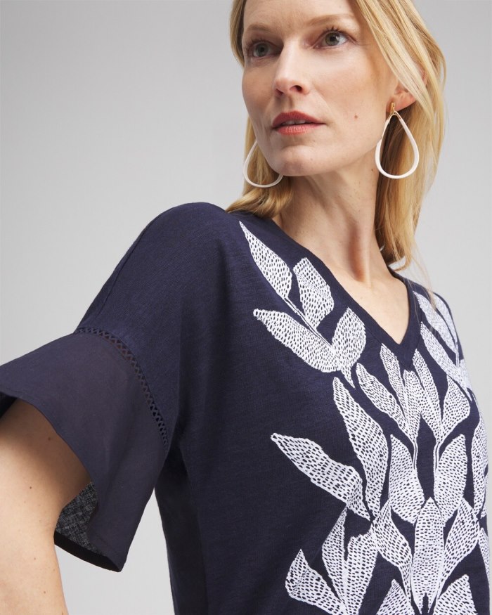 Chicos Leaf Linen Blend Flutter Sleeve Top - Classic Navy Chicos Leaf Linen Blend Flutter Sleeve Top - Classic Navy