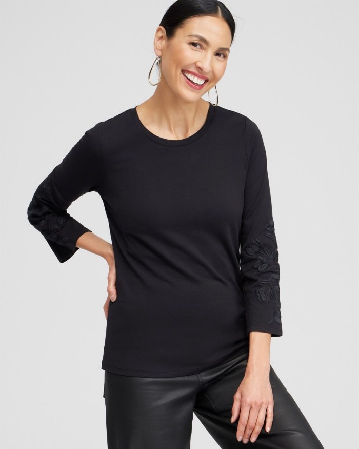 Chicos Floral Embroidered Sleeve Tee - Black Chicos Floral Embroidered Sleeve Tee - Black