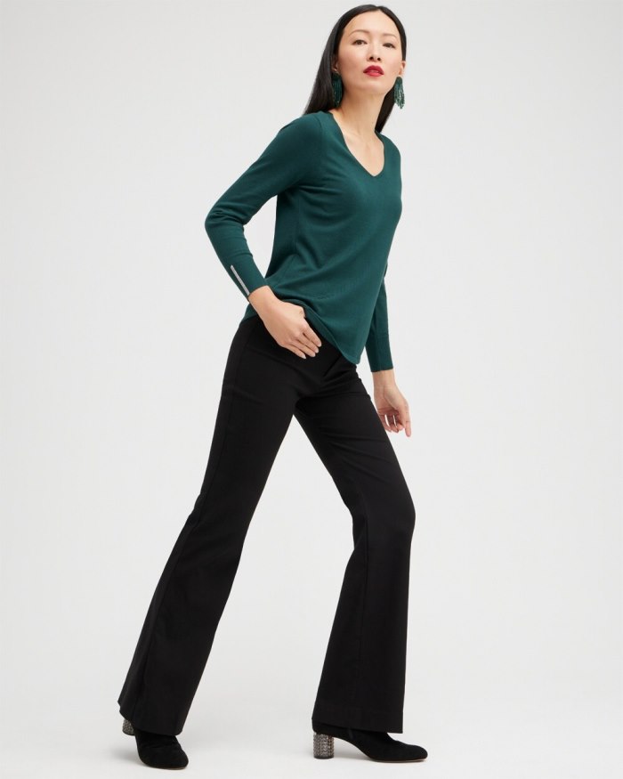 Chicos Caviar Trim V-Neck Pullover Sweater - Enchanted Forest Chicos Caviar Trim V-Neck Pullover Sweater - Enchanted Forest
