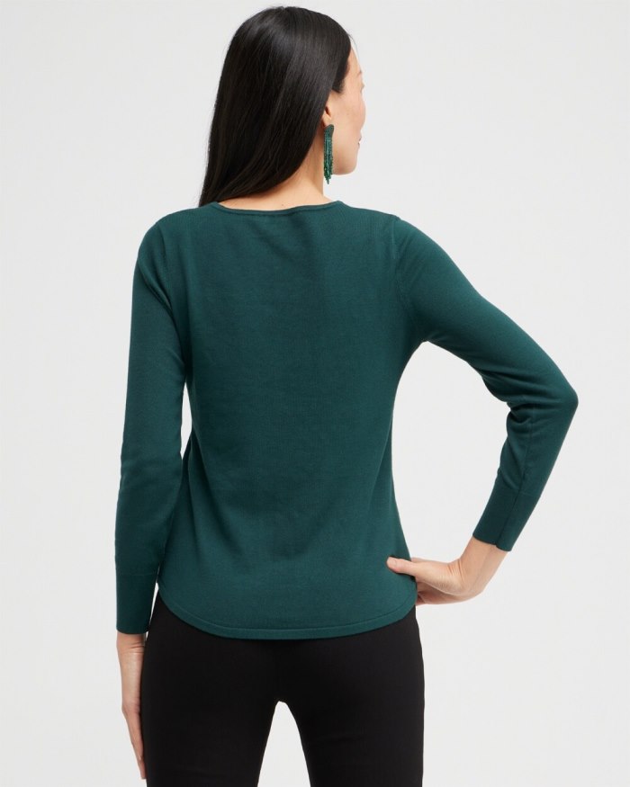 Chicos Caviar Trim V-Neck Pullover Sweater - Enchanted Forest Chicos Caviar Trim V-Neck Pullover Sweater - Enchanted Forest