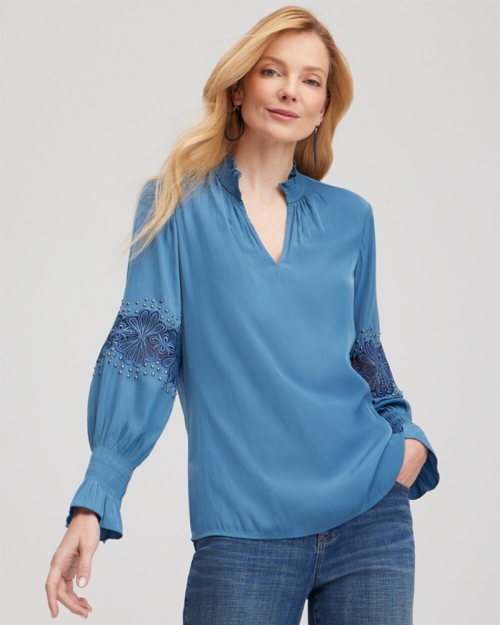 Chicos Floral Lace Detail Top - Blue Echo Chicos Floral Lace Detail Top - Blue Echo