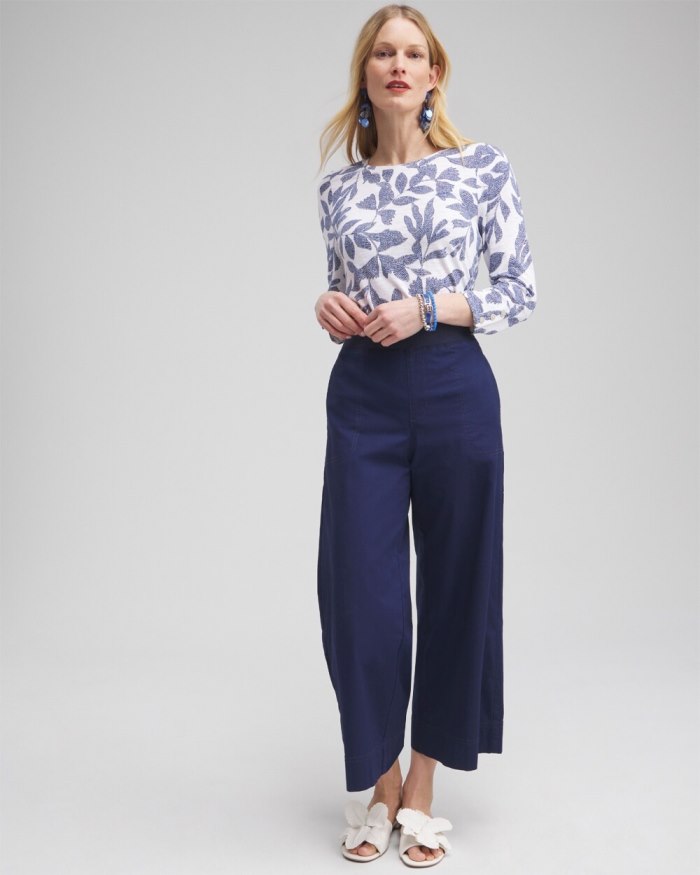 Chicos Leaf Print 3/4 Sleeve Button Tee - Classic Navy Chicos Leaf Print 3/4 Sleeve Button Tee - Classic Navy