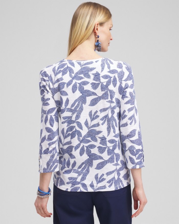 Chicos Leaf Print 3/4 Sleeve Button Tee - Classic Navy Chicos Leaf Print 3/4 Sleeve Button Tee - Classic Navy