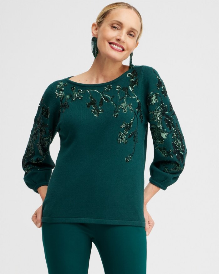 Chicos Sequin Floral Pullover Sweater - Enchanted Forest Chicos Sequin Floral Pullover Sweater - Enchanted Forest