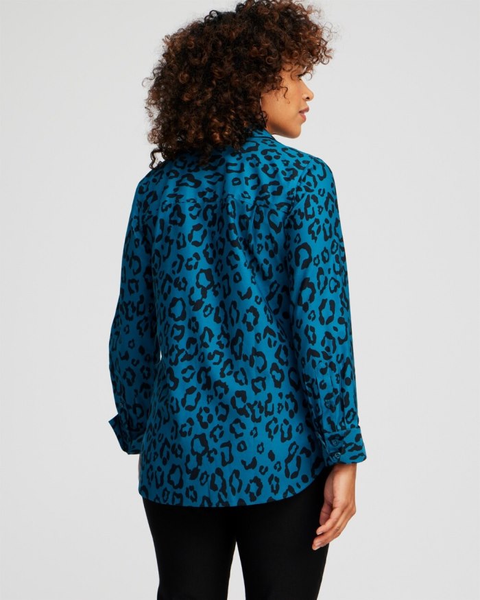 Chicos No Iron Stretch Animal Print Shirt - Moonlit Teal Chicos No Iron Stretch Animal Print Shirt - Moonlit Teal