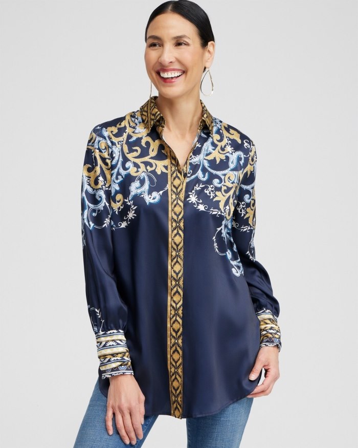 Chicos Ruched Cuff Placed Print Tunic - Azores Blue Chicos Ruched Cuff Placed Print Tunic - Azores Blue