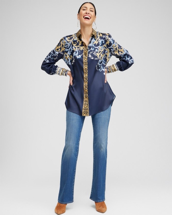Chicos Ruched Cuff Placed Print Tunic - Azores Blue Chicos Ruched Cuff Placed Print Tunic - Azores Blue