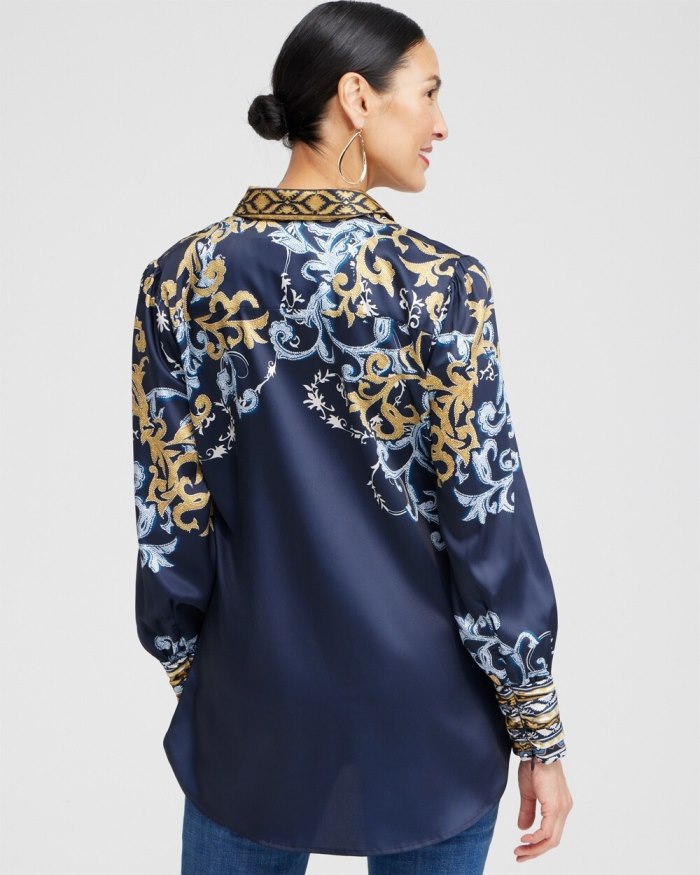 Chicos Ruched Cuff Placed Print Tunic - Azores Blue Chicos Ruched Cuff Placed Print Tunic - Azores Blue