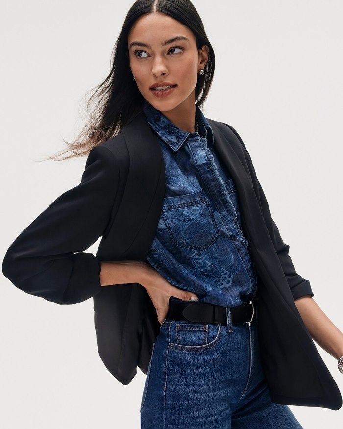 Chicos Ruched Sleeve Blazer - Black And Green Chicos Ruched Sleeve Blazer - Black And Green