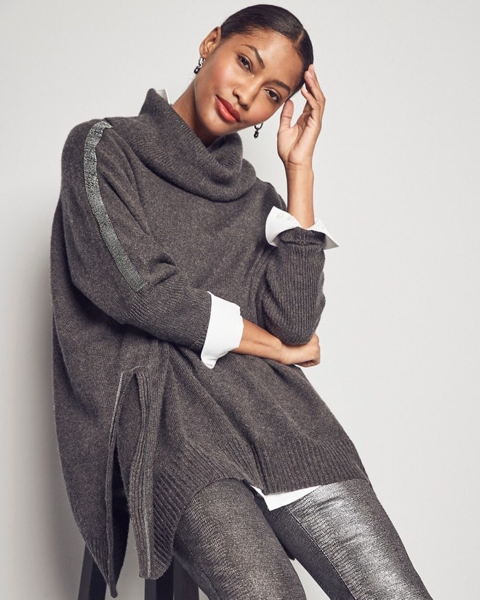 Chicos Ball Chain Knit Poncho - Graphite Heather Gray Chicos Ball Chain Knit Poncho - Graphite Heather Gray
