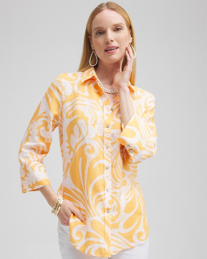 Chicos No Iron Linen Scroll 3/4 Sleeve Shirt - Mango Sorbet Chicos No Iron Linen Scroll 3/4 Sleeve Shirt - Mango Sorbet