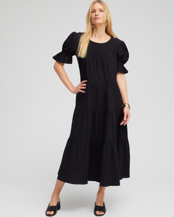 Chicos Gauze Tiered Midi Dress - Black Chicos Gauze Tiered Midi Dress - Black