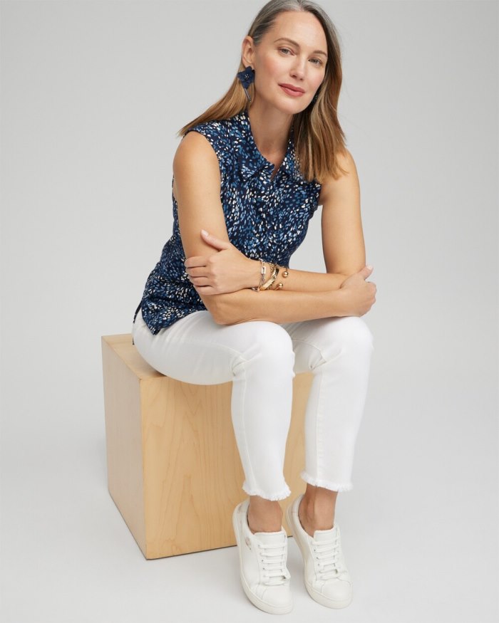 Chicos Dot Print Collared Tunic Tank - Classic Navy Chicos Dot Print Collared Tunic Tank - Classic Navy