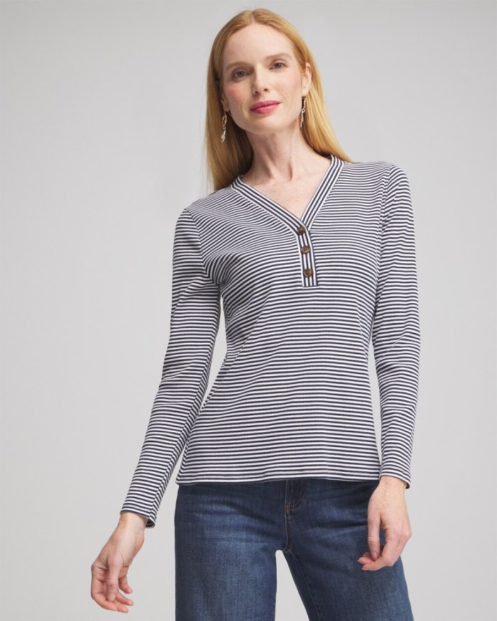 Chicos Stripe Ribbed Henley Tee - Classic Navy Chicos Stripe Ribbed Henley Tee - Classic Navy