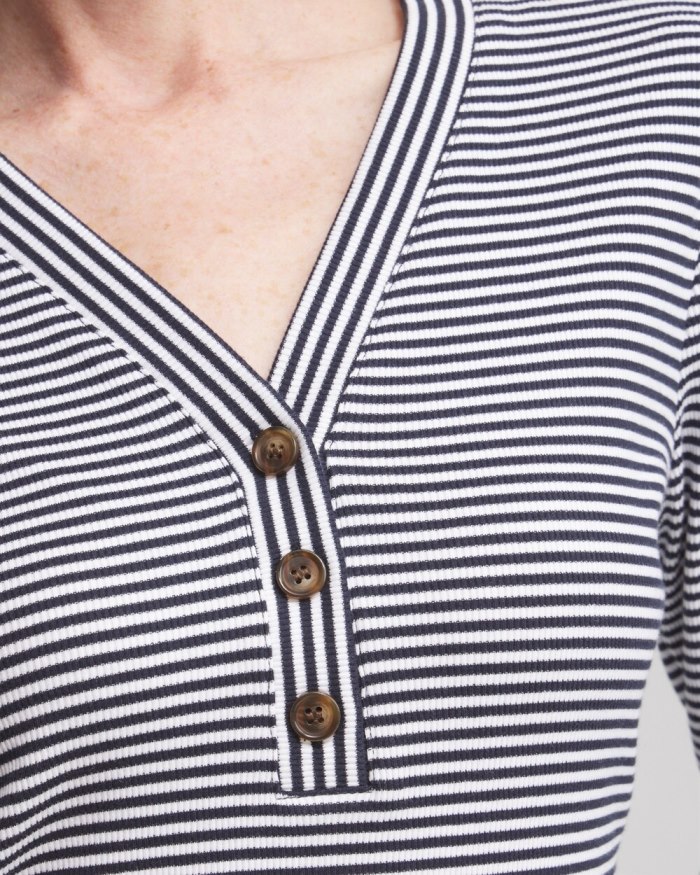 Chicos Stripe Ribbed Henley Tee - Classic Navy Chicos Stripe Ribbed Henley Tee - Classic Navy