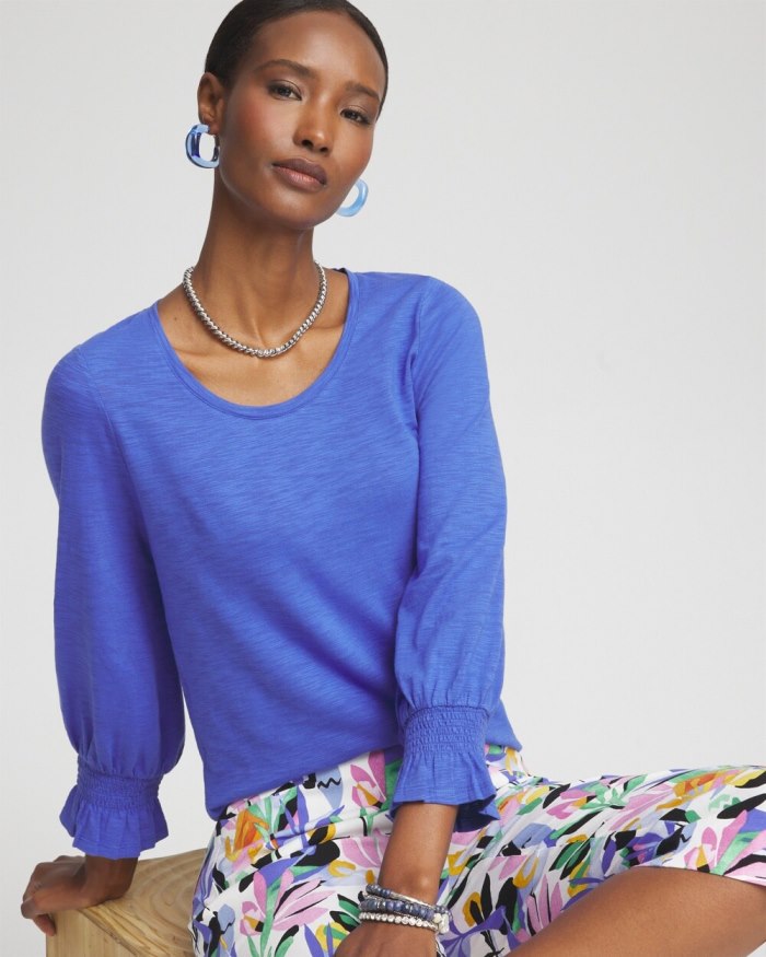 Chicos Smocked 3/4 Sleeve Tee - Purple Nightshade Chicos Smocked 3/4 Sleeve Tee - Purple Nightshade