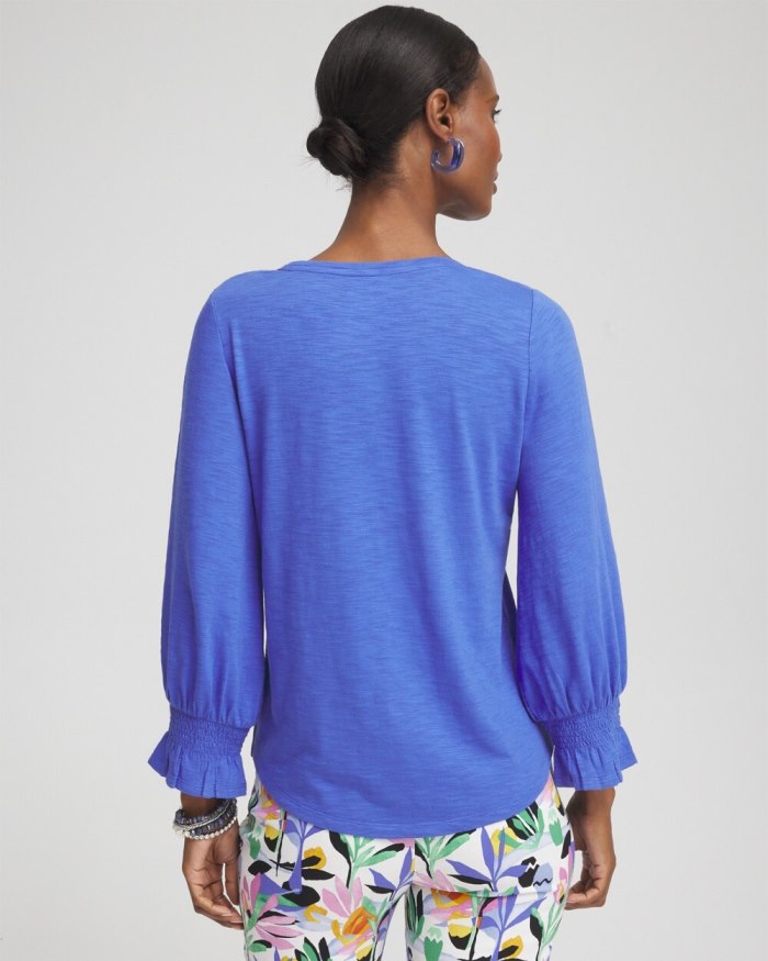 Chicos Smocked 3/4 Sleeve Tee - Purple Nightshade Chicos Smocked 3/4 Sleeve Tee - Purple Nightshade