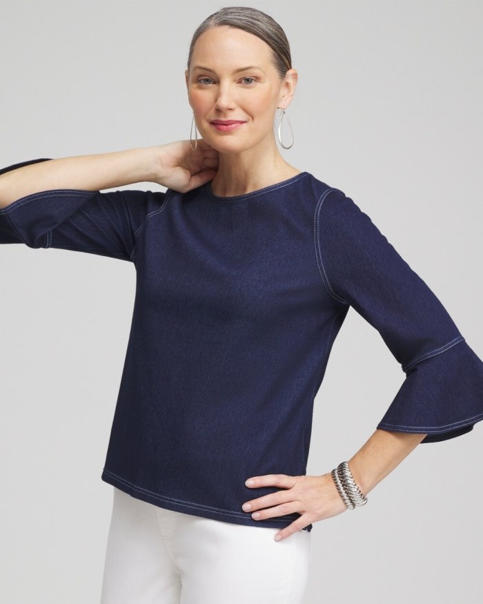Chicos Faux Denim Trumpet Sleeve Top - Dark Denim Chicos Faux Denim Trumpet Sleeve Top - Dark Denim