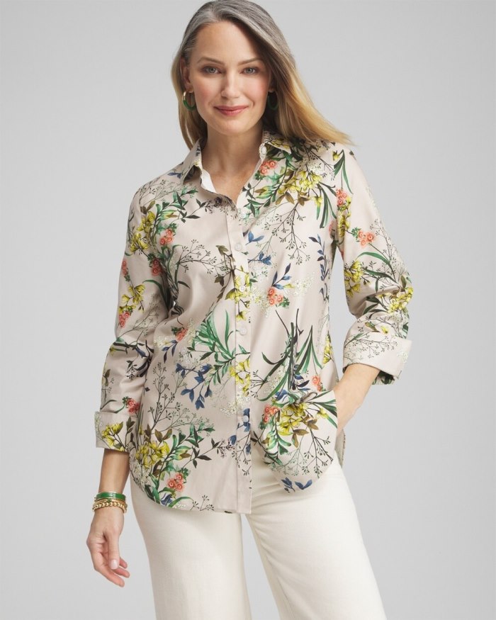 Chicos No Iron Stretch Wildflower 3/4 Sleeve Shirt - Oatmeal Chicos No Iron Stretch Wildflower 3/4 Sleeve Shirt - Oatmeal