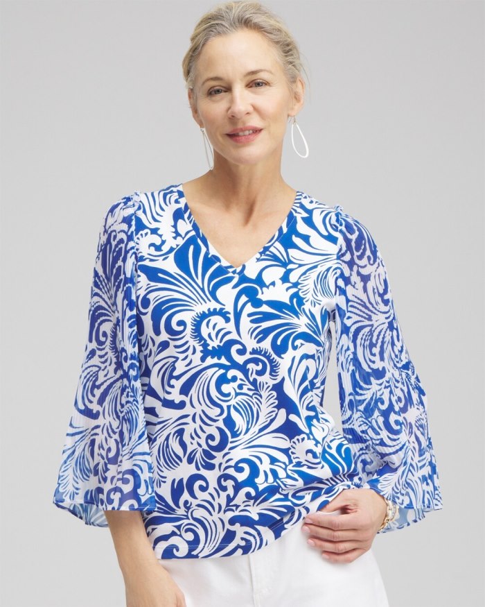 Chicos Scrolls Pleated Billow Sleeve Top - Intense Azure Chicos Scrolls Pleated Billow Sleeve Top - Intense Azure