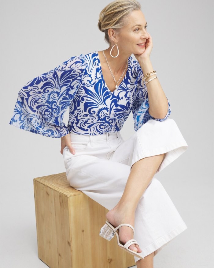 Chicos Scrolls Pleated Billow Sleeve Top - Intense Azure Chicos Scrolls Pleated Billow Sleeve Top - Intense Azure