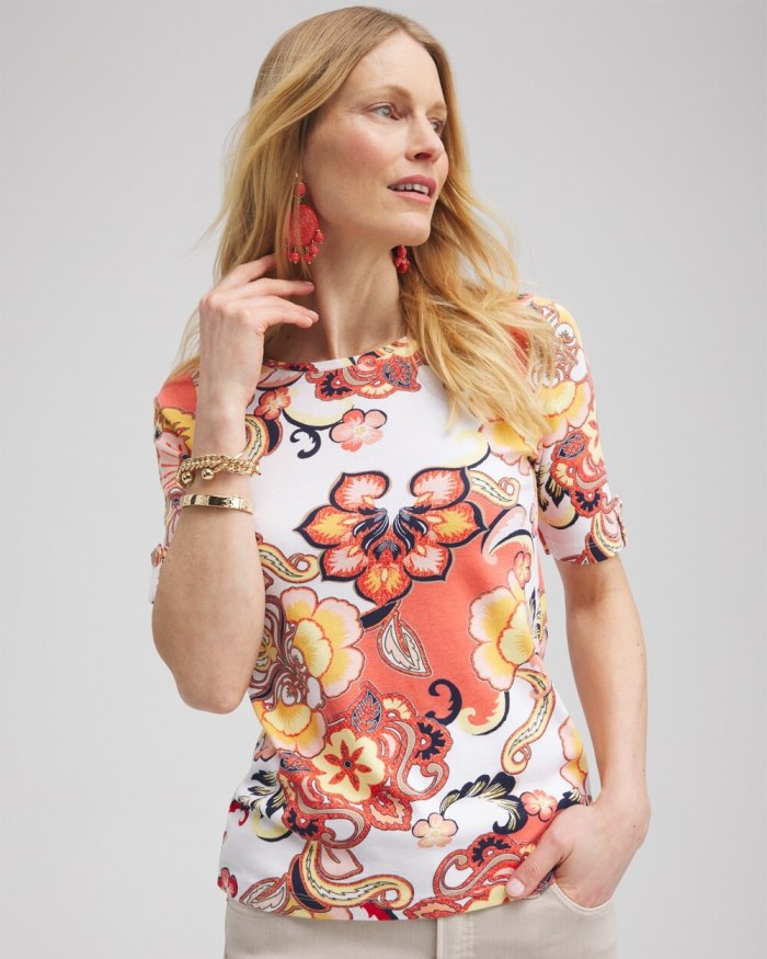 Chicos Paisley Elbow Sleeve Cotton Tee - Nectarine Chicos Paisley Elbow Sleeve Cotton Tee - Nectarine
