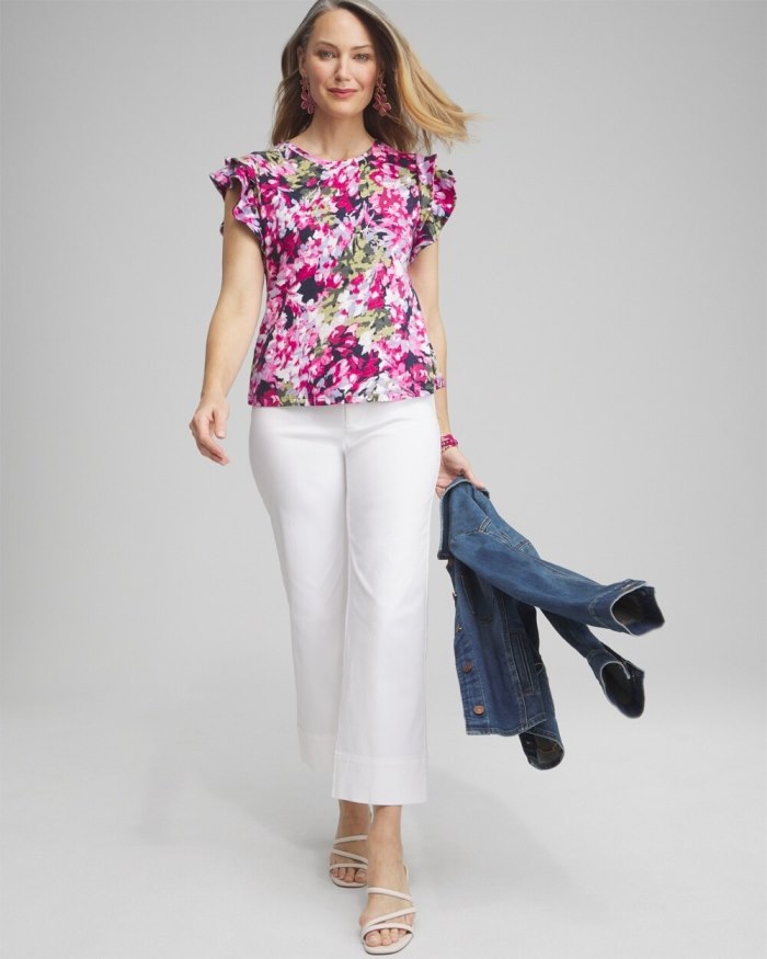 Chicos Abstract Flutter Cap Sleeve Tee - Magenta Rose Chicos Abstract Flutter Cap Sleeve Tee - Magenta Rose