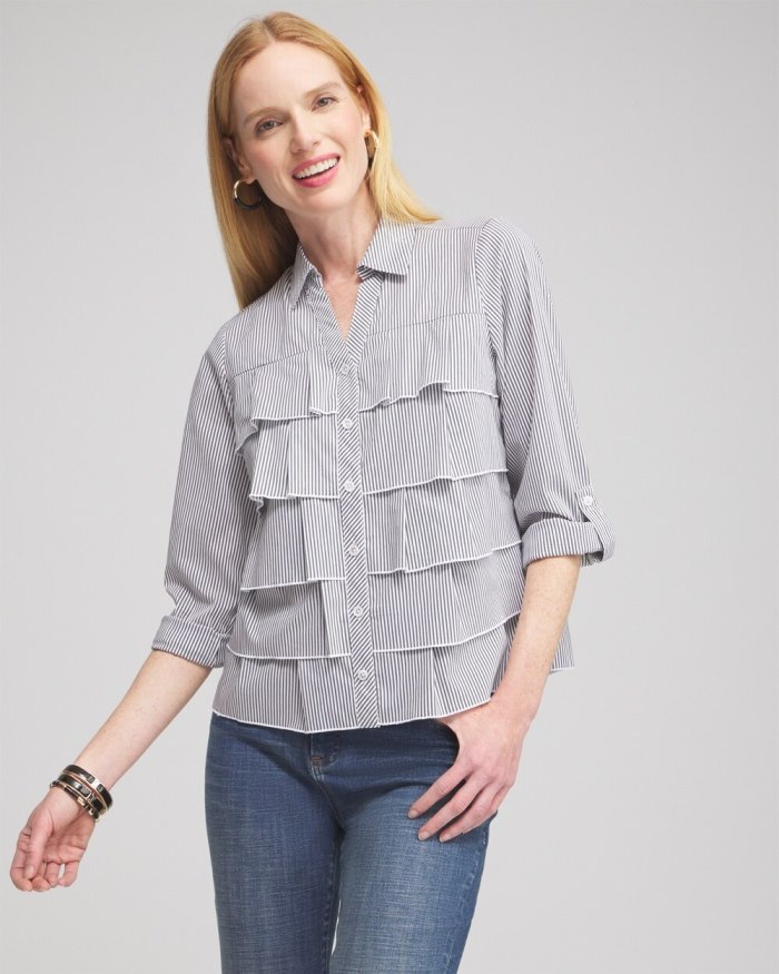 Chicos Poplin Stripe Ruffle Shirt - Classic Navy Chicos Poplin Stripe Ruffle Shirt - Classic Navy