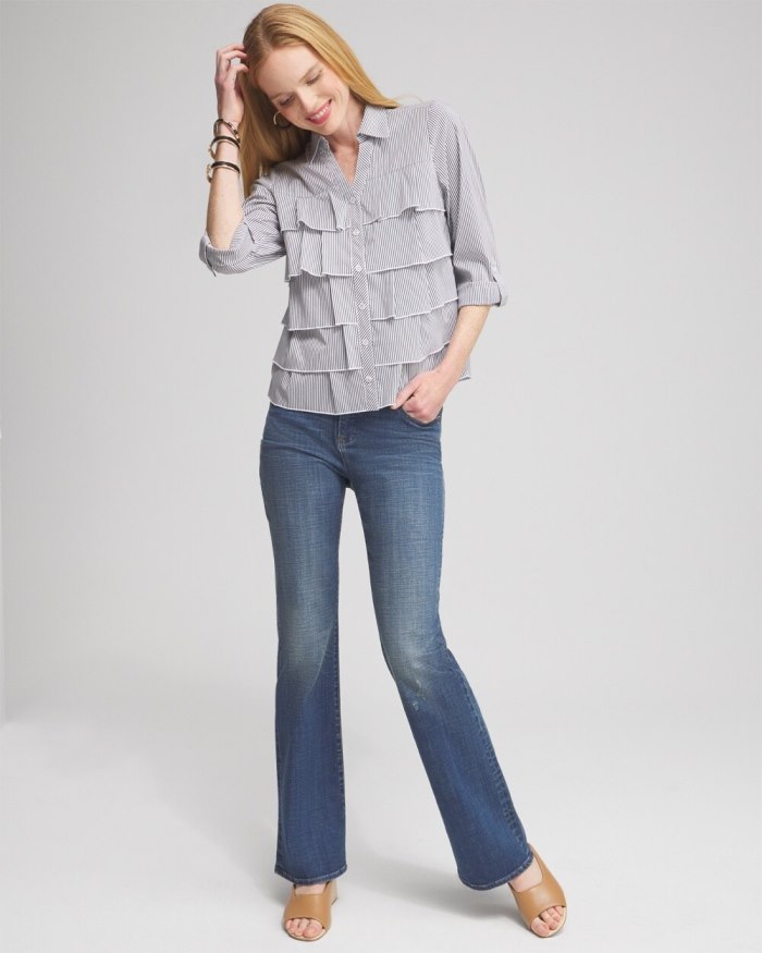 Chicos Poplin Stripe Ruffle Shirt - Classic Navy Chicos Poplin Stripe Ruffle Shirt - Classic Navy