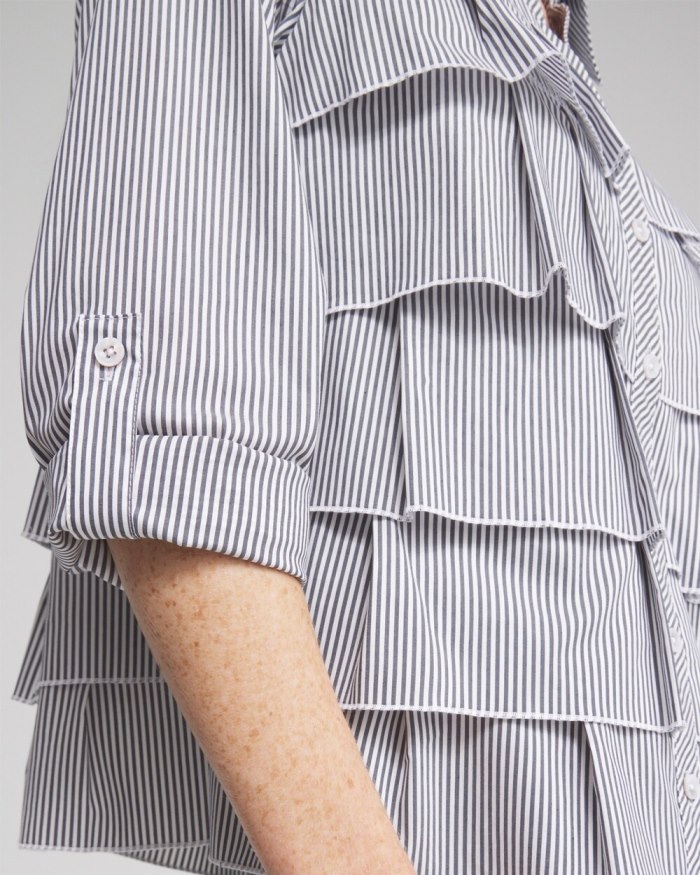 Chicos Poplin Stripe Ruffle Shirt - Classic Navy Chicos Poplin Stripe Ruffle Shirt - Classic Navy