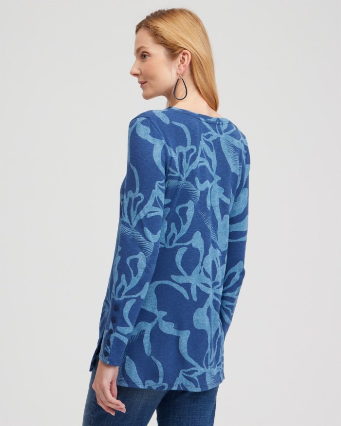 Chicos Abstract Print Button Detail Tunic - Blue Echo Chicos Abstract Print Button Detail Tunic - Blue Echo