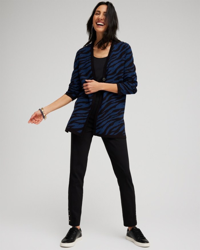 Chicos Double Knit Zebra Print Cardigan - Azores Blue Chicos Double Knit Zebra Print Cardigan - Azores Blue