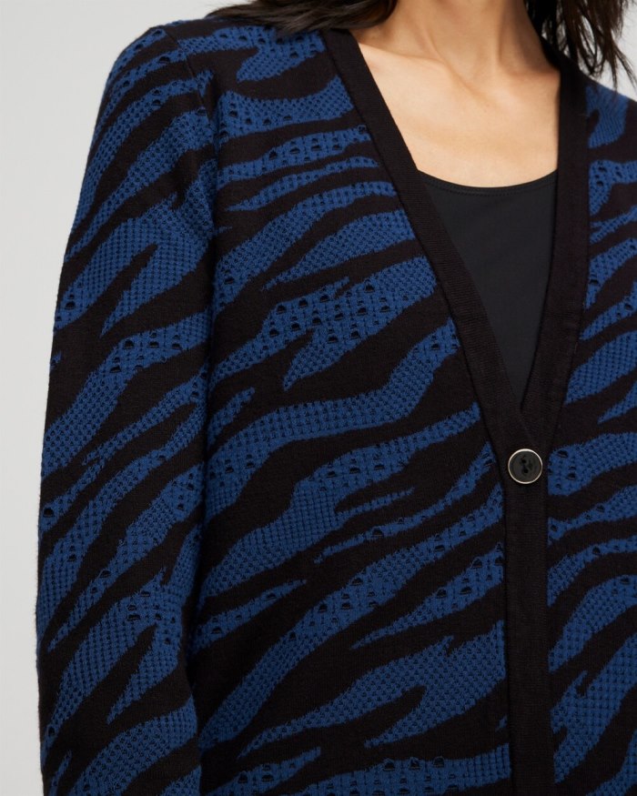 Chicos Double Knit Zebra Print Cardigan - Azores Blue Chicos Double Knit Zebra Print Cardigan - Azores Blue