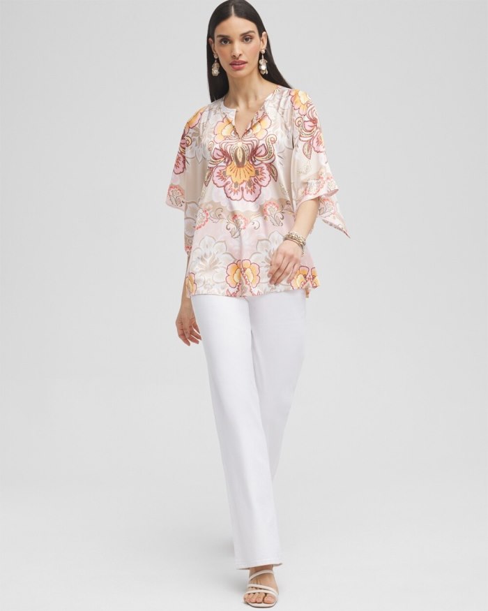 Chicos Satin Floral Keyhole Neck Blouse - Porcelain Rose Chicos Satin Floral Keyhole Neck Blouse - Porcelain Rose