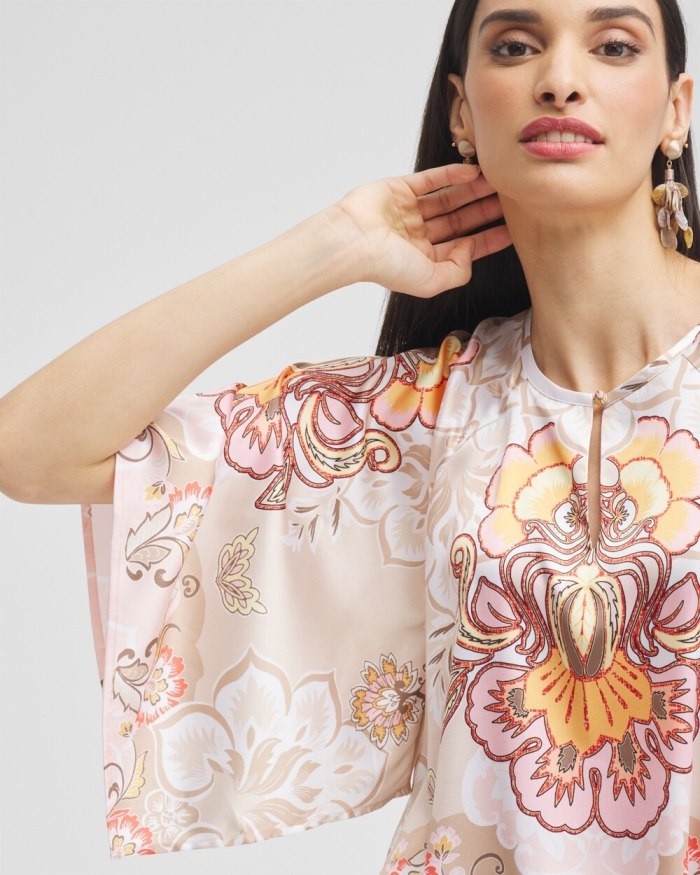 Chicos Satin Floral Keyhole Neck Blouse - Porcelain Rose Chicos Satin Floral Keyhole Neck Blouse - Porcelain Rose