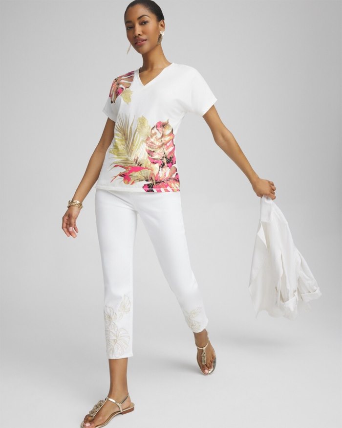Chicos Dolman Foil Leaf Print Tee - Alabaster Chicos Dolman Foil Leaf Print Tee - Alabaster