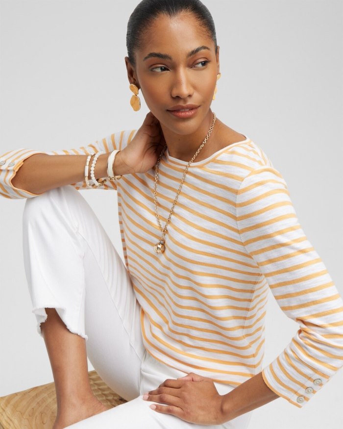 Chicos Stripe 3/4 Sleeve Button Tee - Mango Sorbet Chicos Stripe 3/4 Sleeve Button Tee - Mango Sorbet