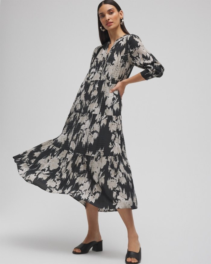 Chicos Floral Tiered Midi Dress - Black Chicos Floral Tiered Midi Dress - Black