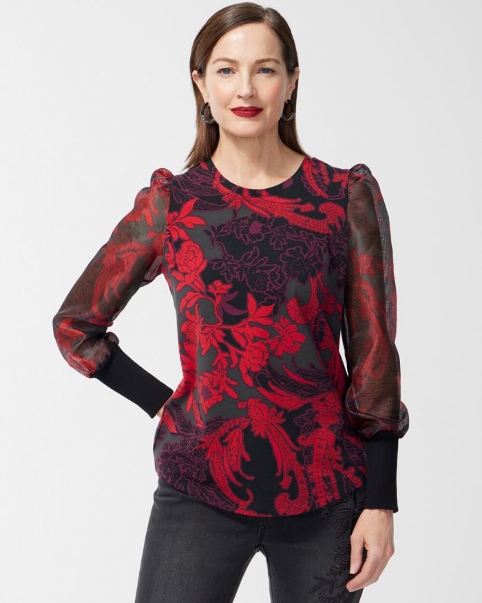 Chicos Floral Organza Sleeve Tee - Black Chicos Floral Organza Sleeve Tee - Black