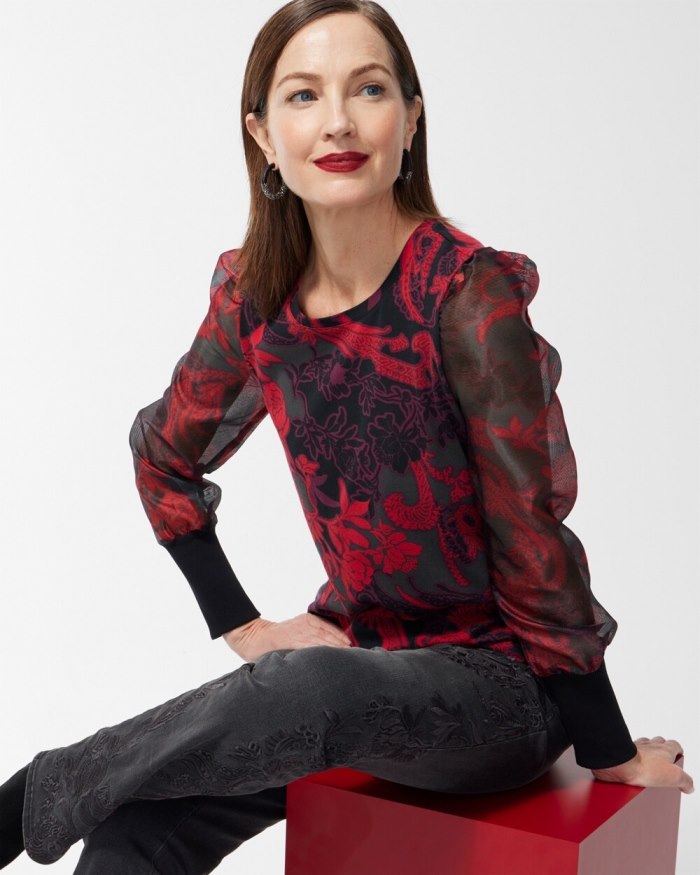 Chicos Floral Organza Sleeve Tee - Black Chicos Floral Organza Sleeve Tee - Black
