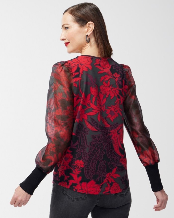 Chicos Floral Organza Sleeve Tee - Black Chicos Floral Organza Sleeve Tee - Black